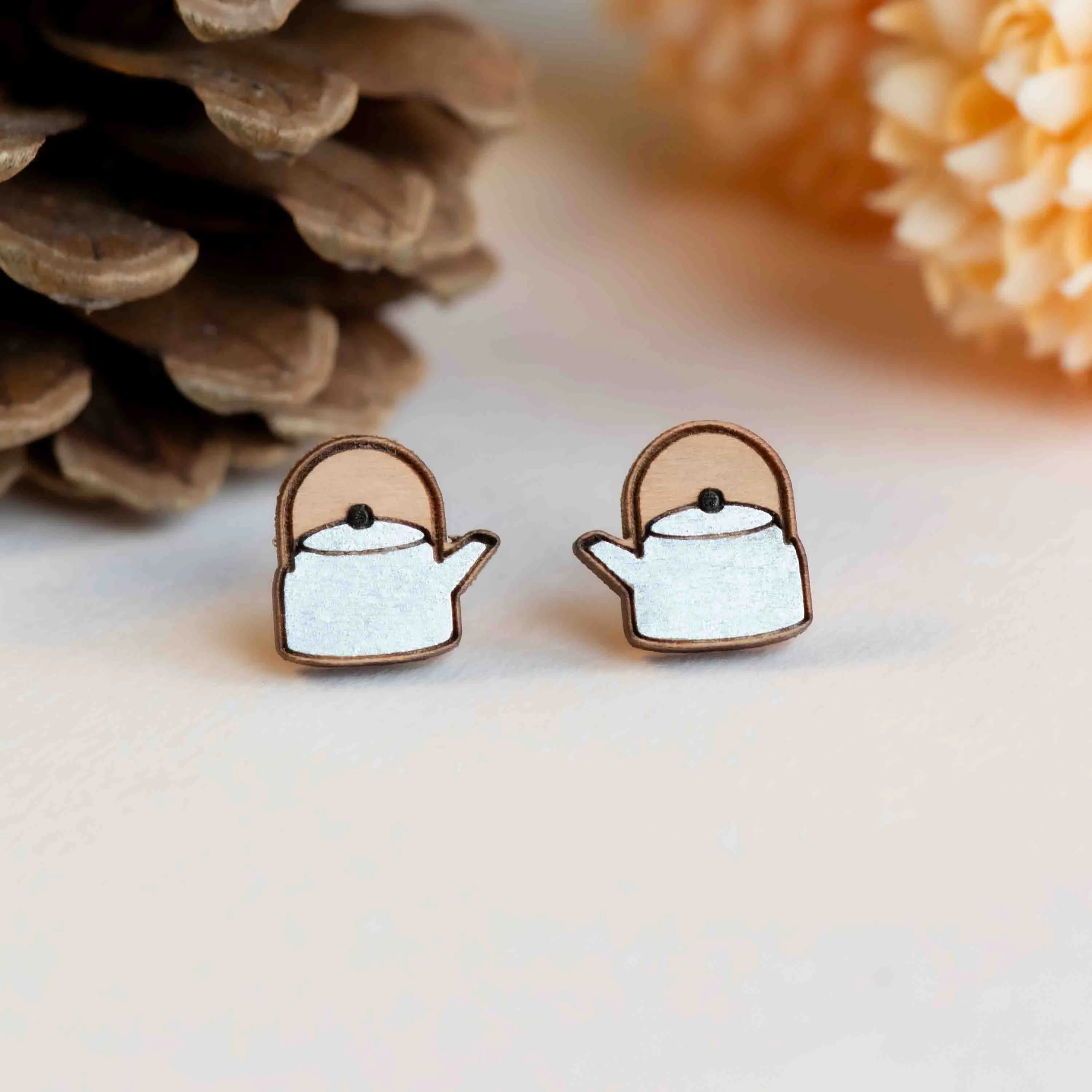 Hand-painted Camping Kettle Wooden Earrings - PET15361