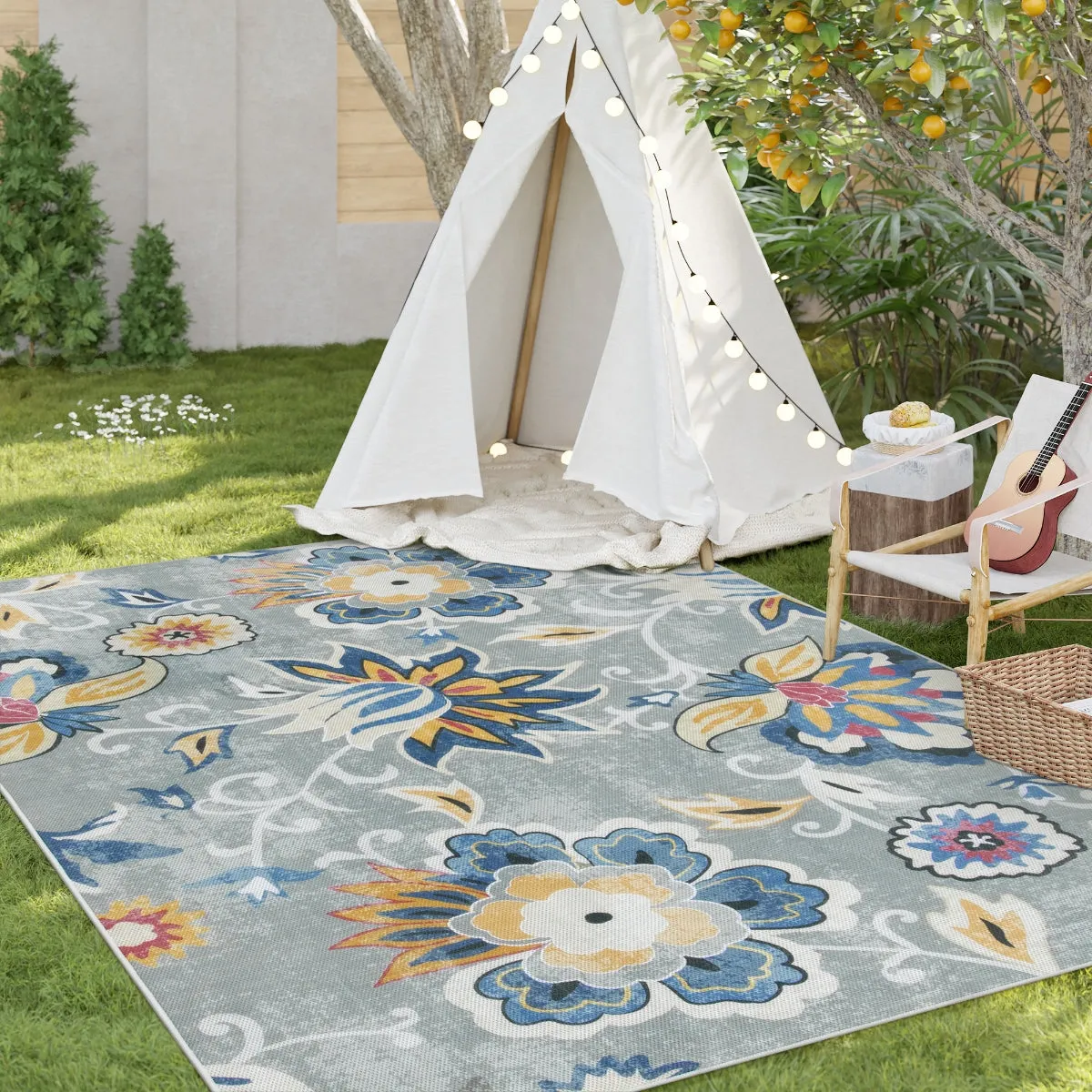 Soleil Floral Blue/Grey Indoor Outdoor Rug