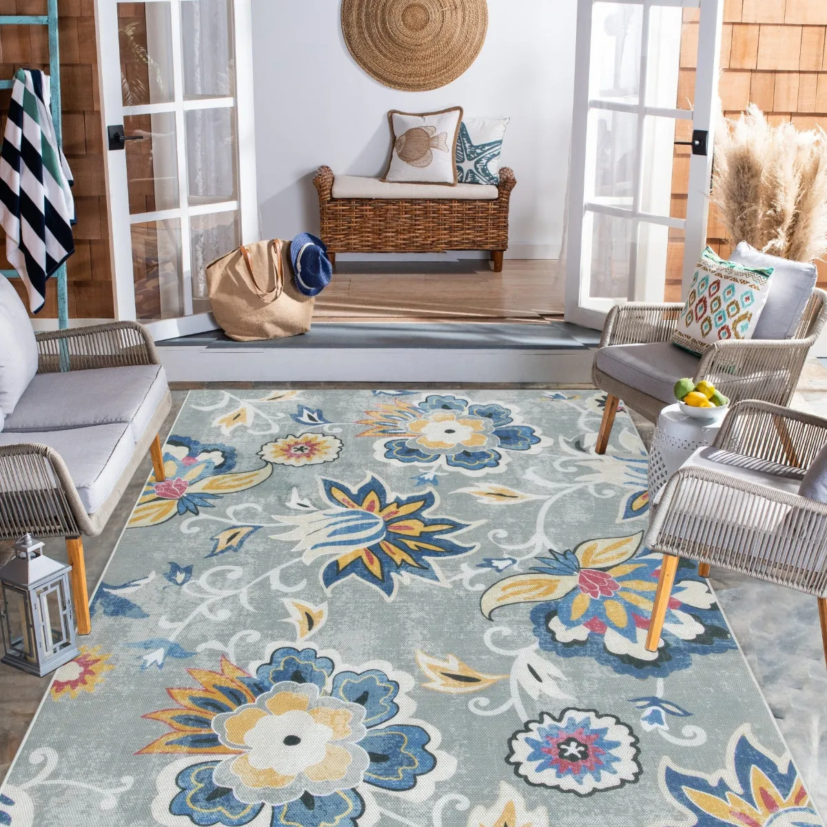 Soleil Floral Blue/Grey Indoor Outdoor Rug