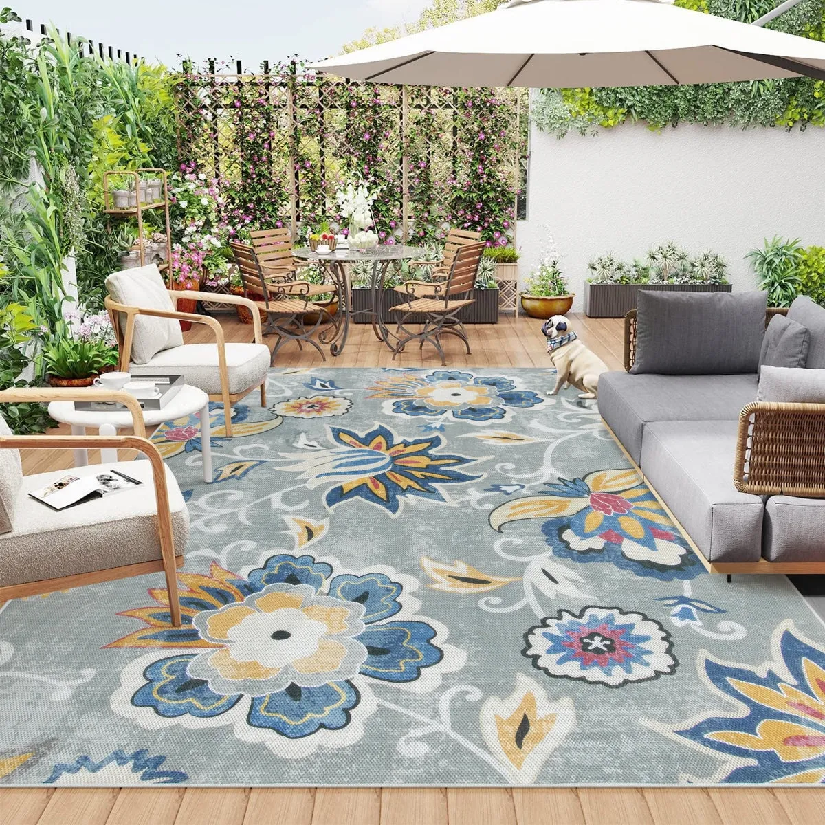 Soleil Floral Blue/Grey Indoor Outdoor Rug