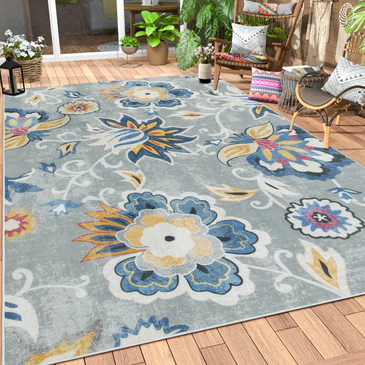 Soleil Floral Blue/Grey Indoor Outdoor Rug