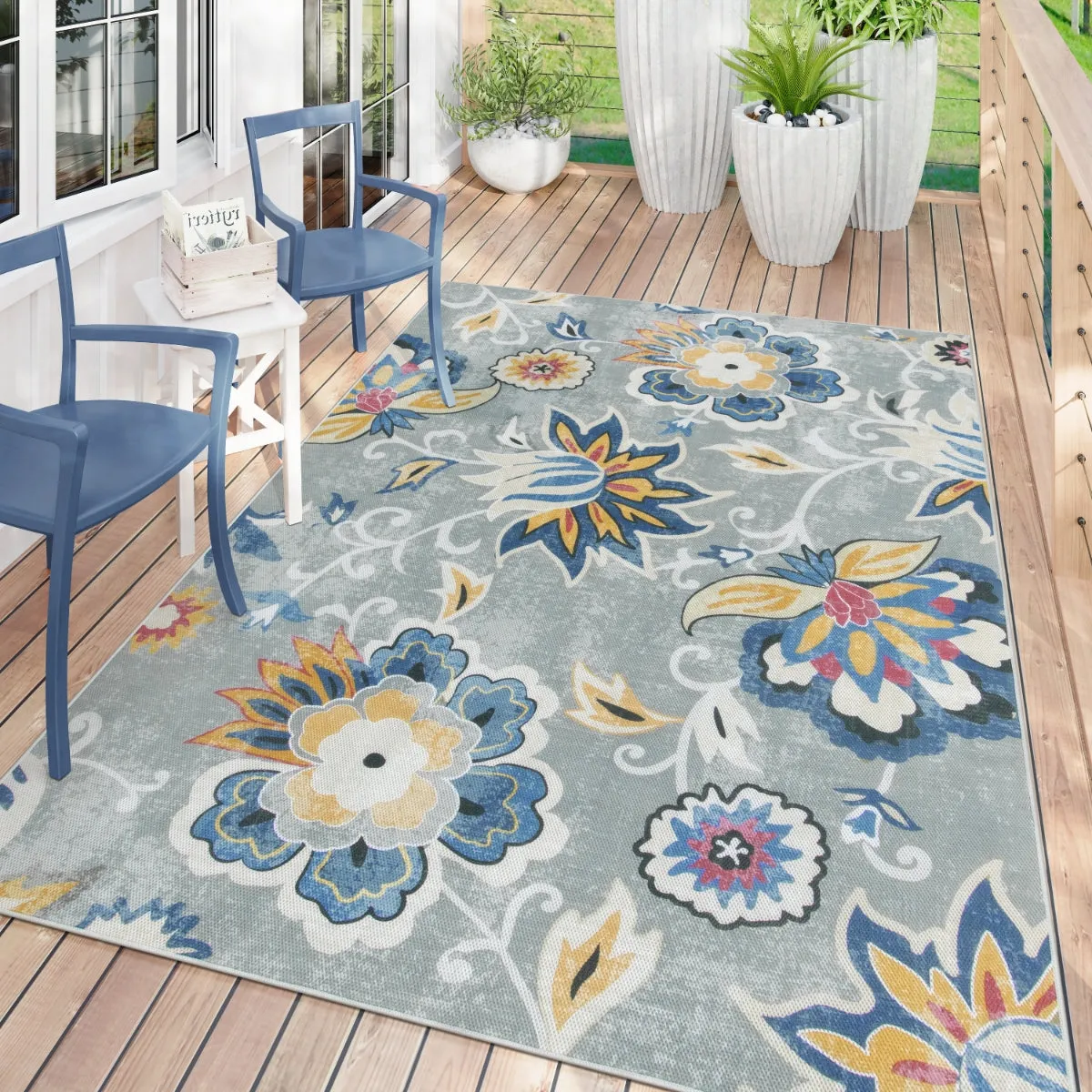 Soleil Floral Blue/Grey Indoor Outdoor Rug