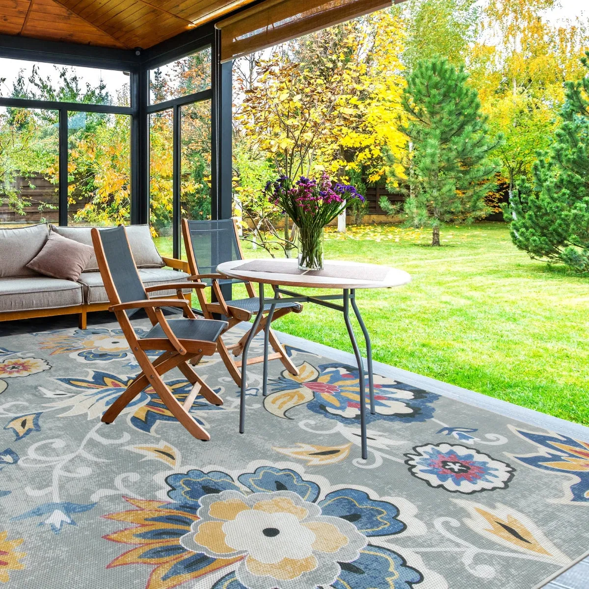 Soleil Floral Blue/Grey Indoor Outdoor Rug