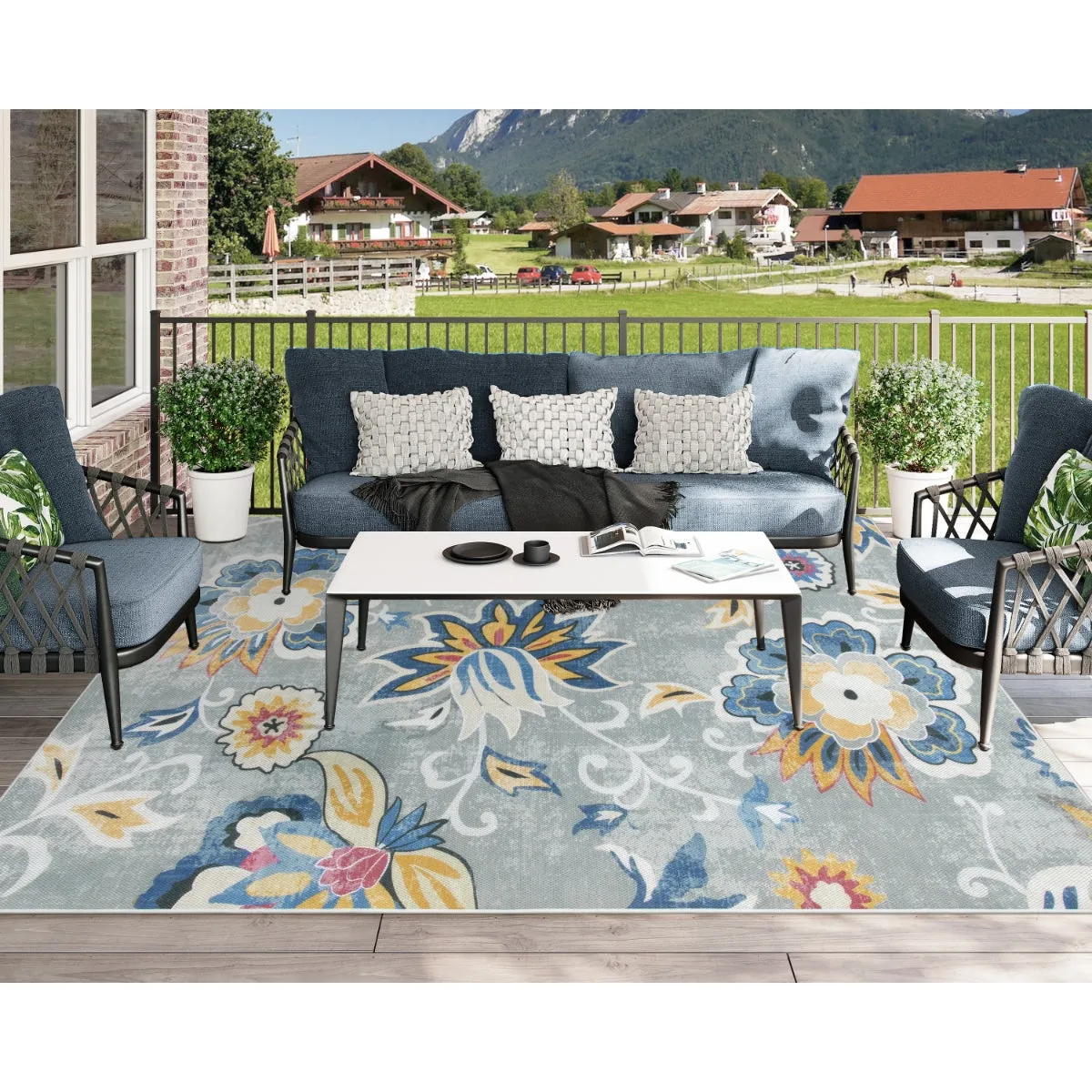 Soleil Floral Blue/Grey Indoor Outdoor Rug