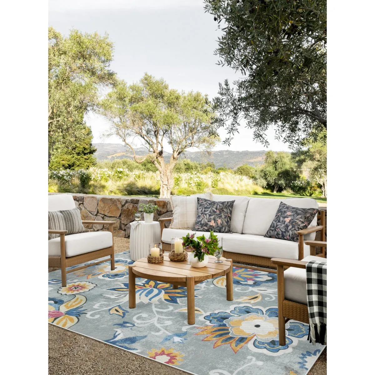 Soleil Floral Blue/Grey Indoor Outdoor Rug